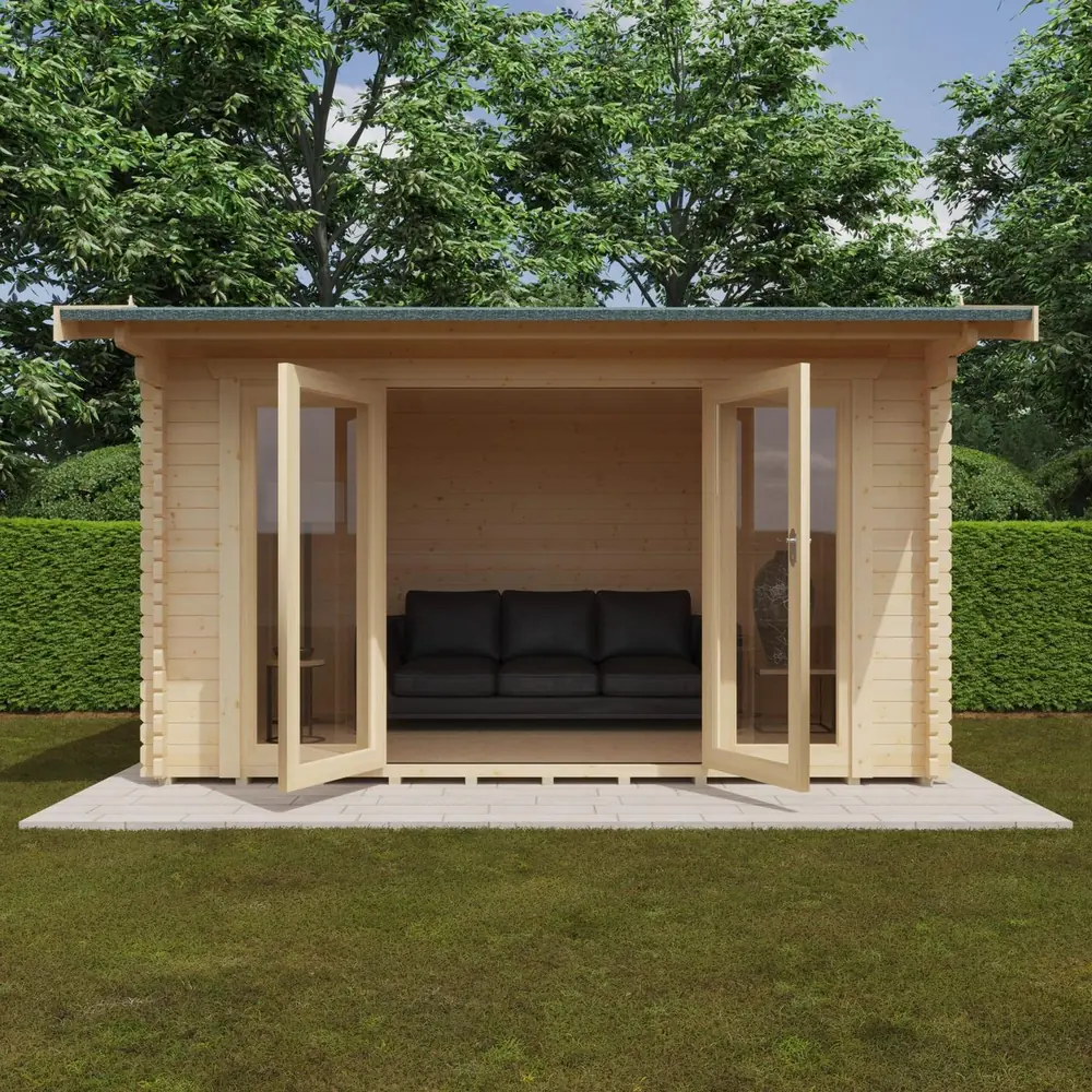 1 Click Log Cabins log cabin exterior with bi-fold doors, set in a garden