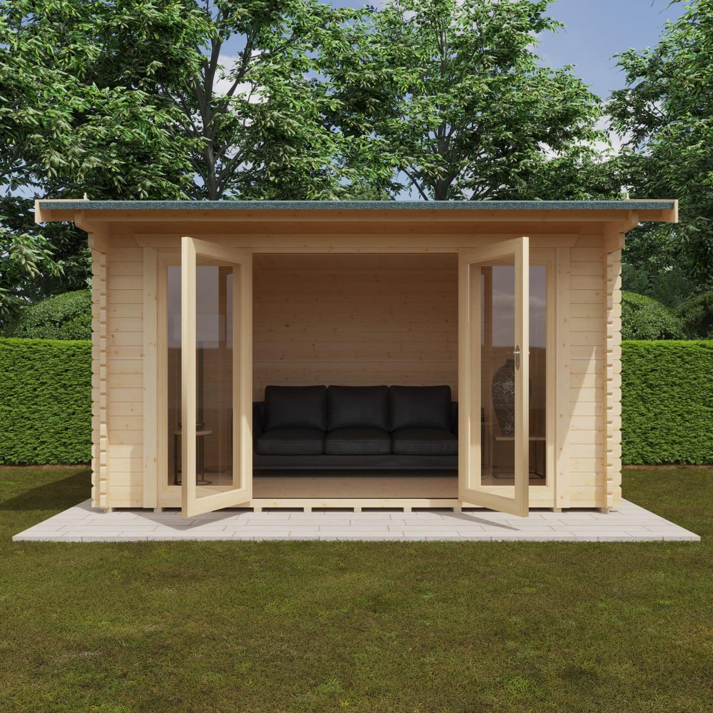 1 Click Log Cabins log cabin exterior with bi-fold doors, set in a garden