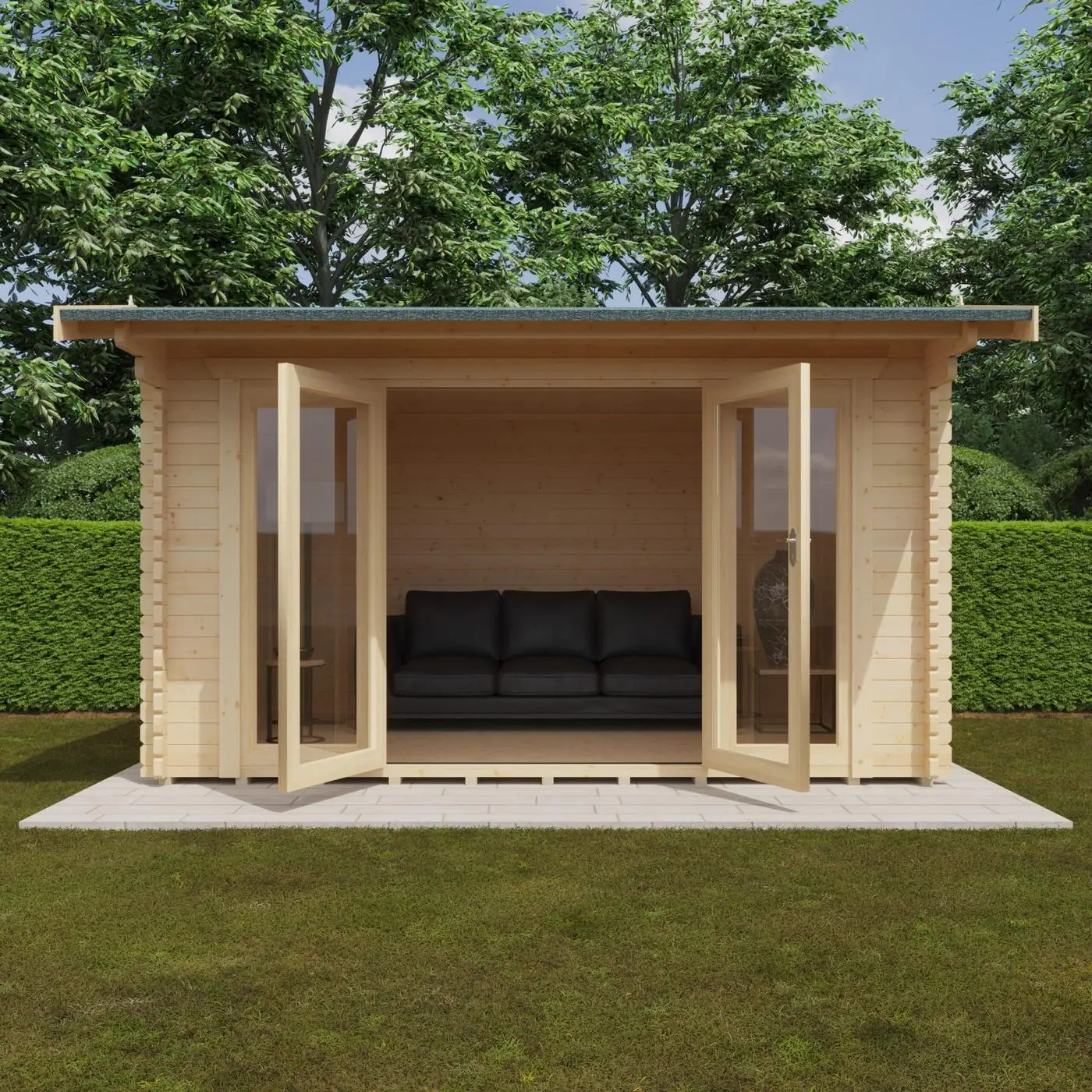 1 Click Log Cabins log cabin exterior with bi-fold doors, set in a garden