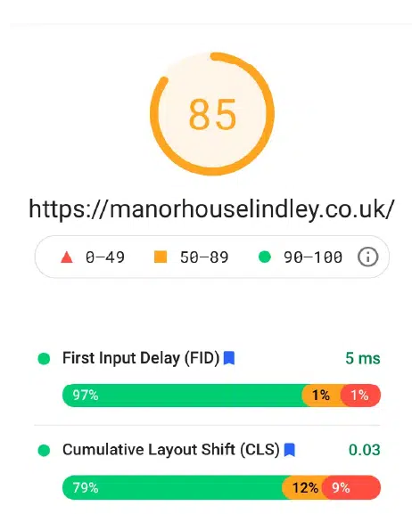PageSpeed Insights score of 85 for manorhouselindley.co.uk
