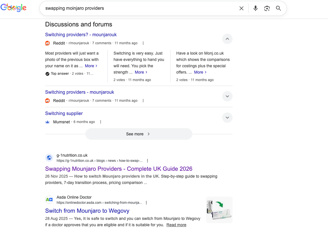 Google search results showing G-1 Nutrition ranking above Asda Online Doctor for 'swapping Mounjaro providers'