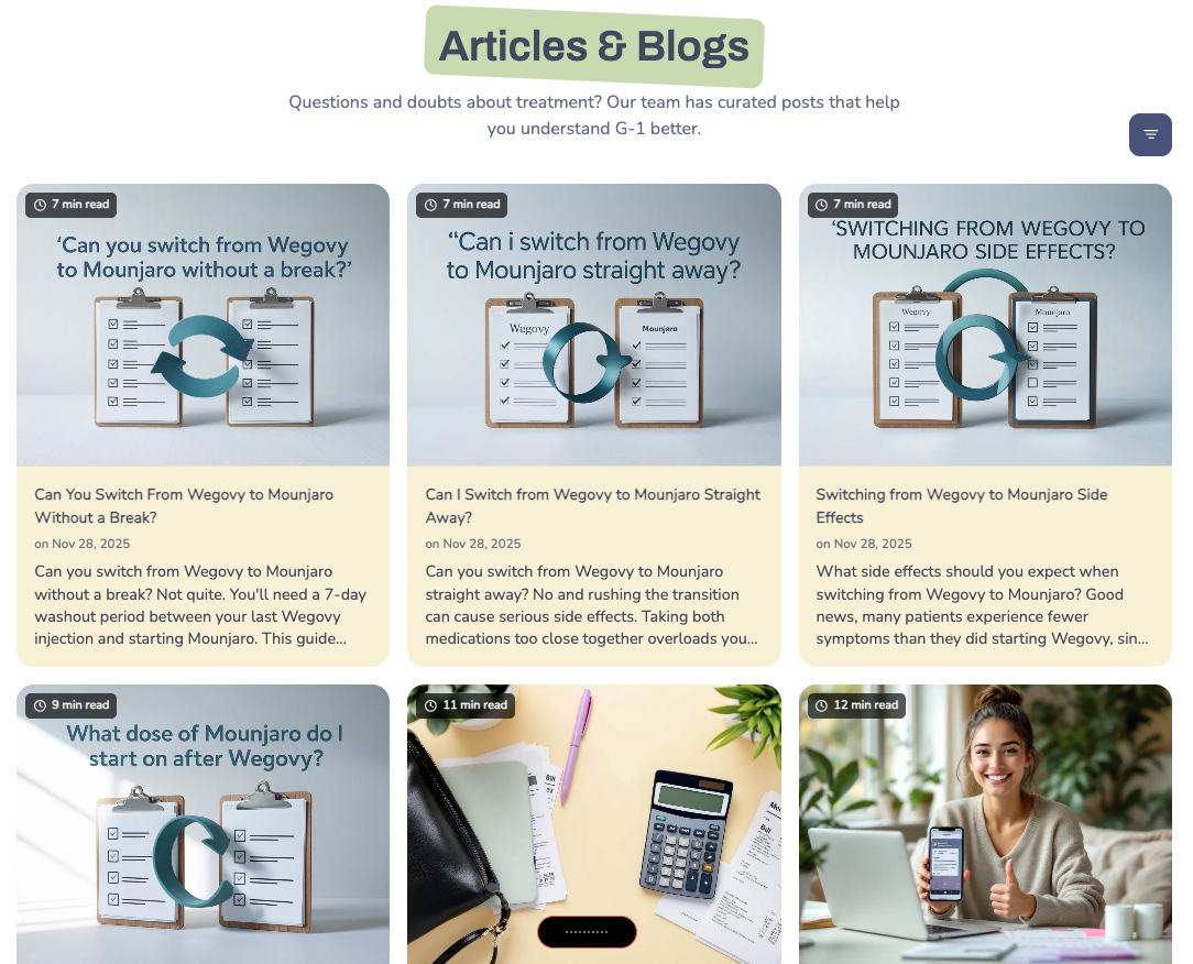 G-1 Nutrition articles and blogs page showing the cluster content strategy in action