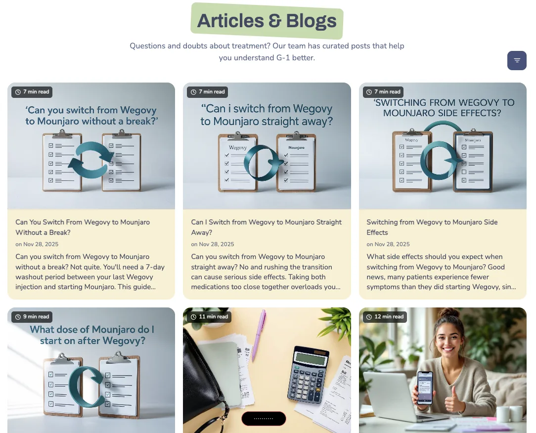 G-1 Nutrition articles and blogs page showing the cluster content strategy in action