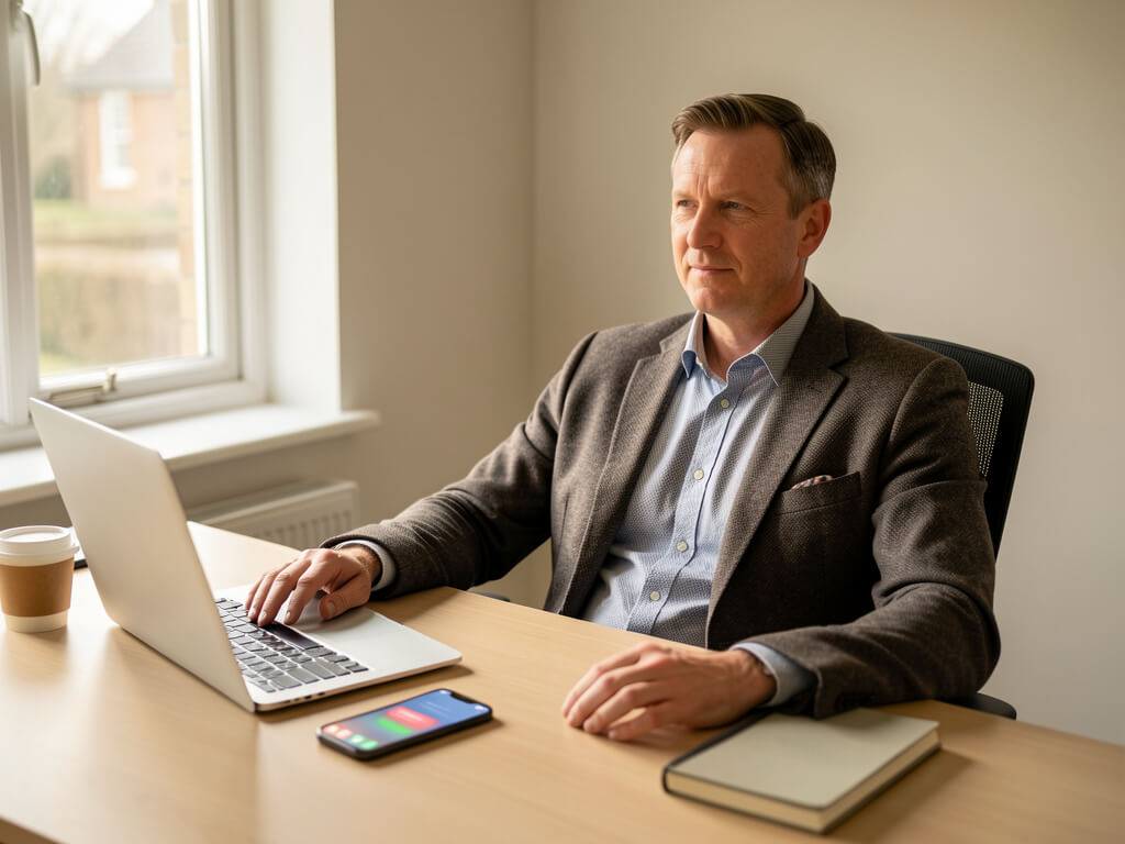 UK business owner at a clean desk with a laptop and phone showing missed calls