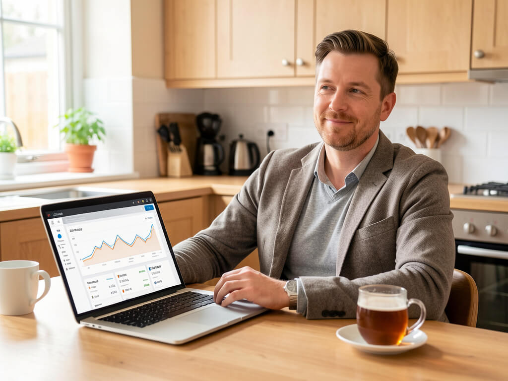 Business owner reviewing their AI receptionist's call dashboard, satisfied with the results