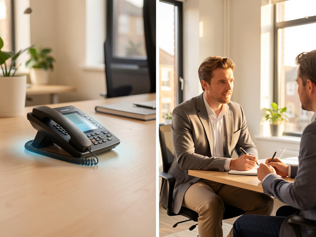 An office phone handling routine calls automatically while colleagues focus on a client meeting