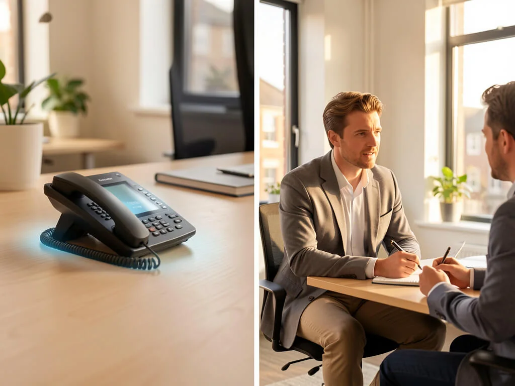 An office phone handling routine calls automatically while colleagues focus on a client meeting