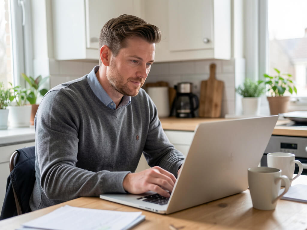 UK business owner researching AI receptionist options from home