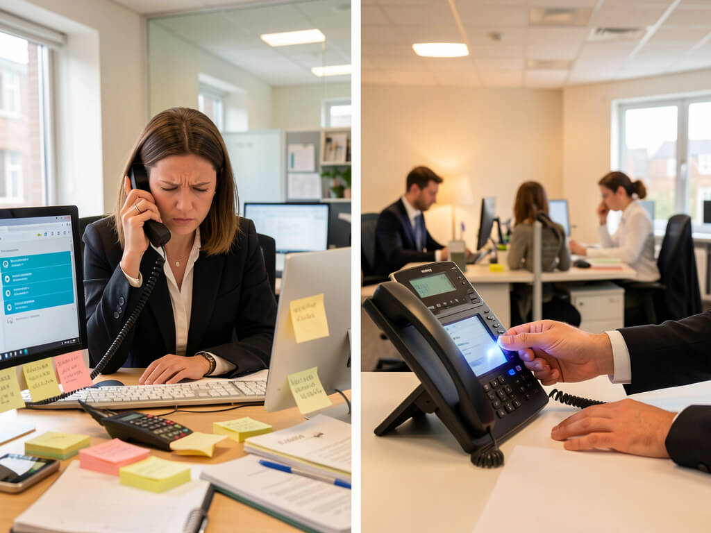 Stressed receptionist at a cluttered desk juggling calls, notes, and a busy office phone