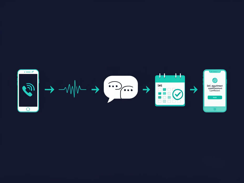 Diagram showing an inbound call flowing through an AI receptionist to a booked appointment and SMS confirmation
