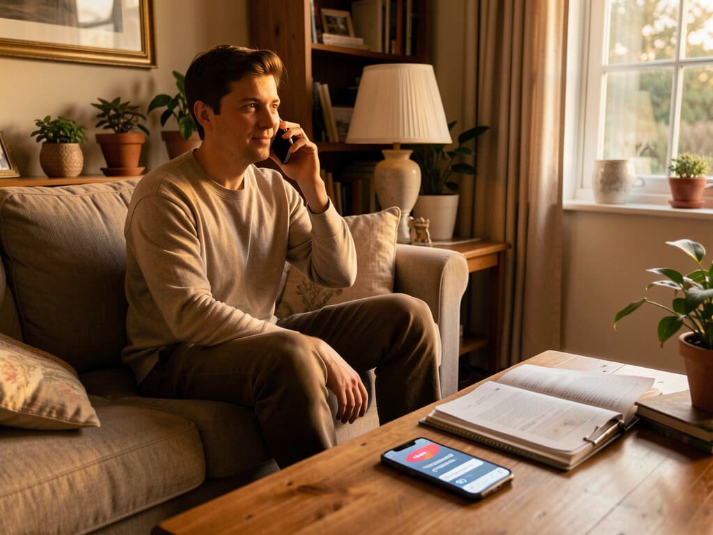 Office phone and two colleagues in a meeting after a booking is confirmed