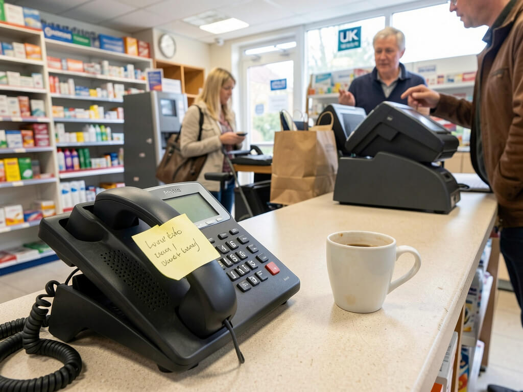Busy pharmacy counter with a phone and a reminder note, patients queuing to be served
