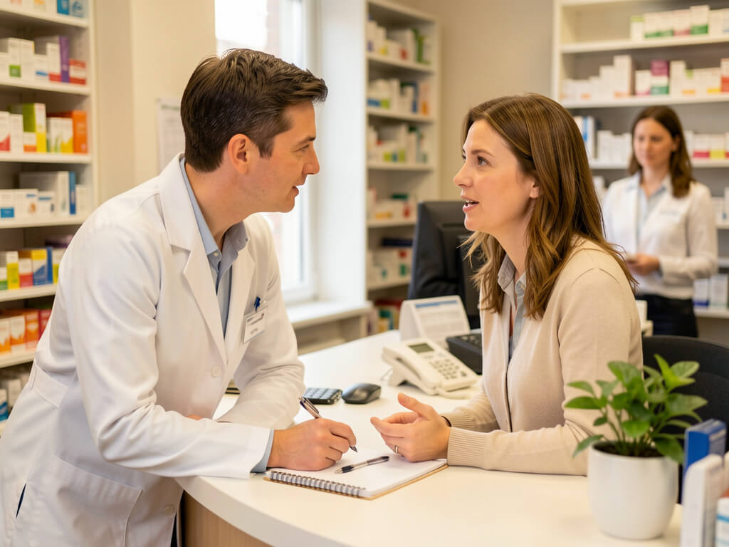 Pharmacist giving a patient their full attention at the consultation counter