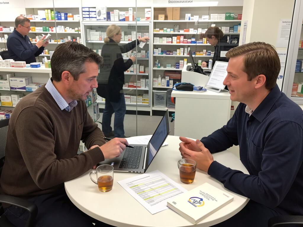 Pharmacy owner reviewing workload data with a consultant in the dispensary manager's office