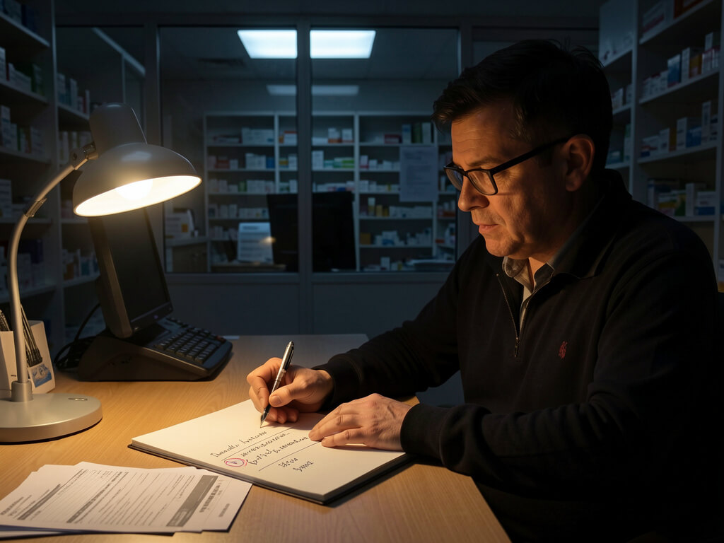 Pharmacy owner reviewing paperwork alone at the dispensary manager's desk at the end of the day