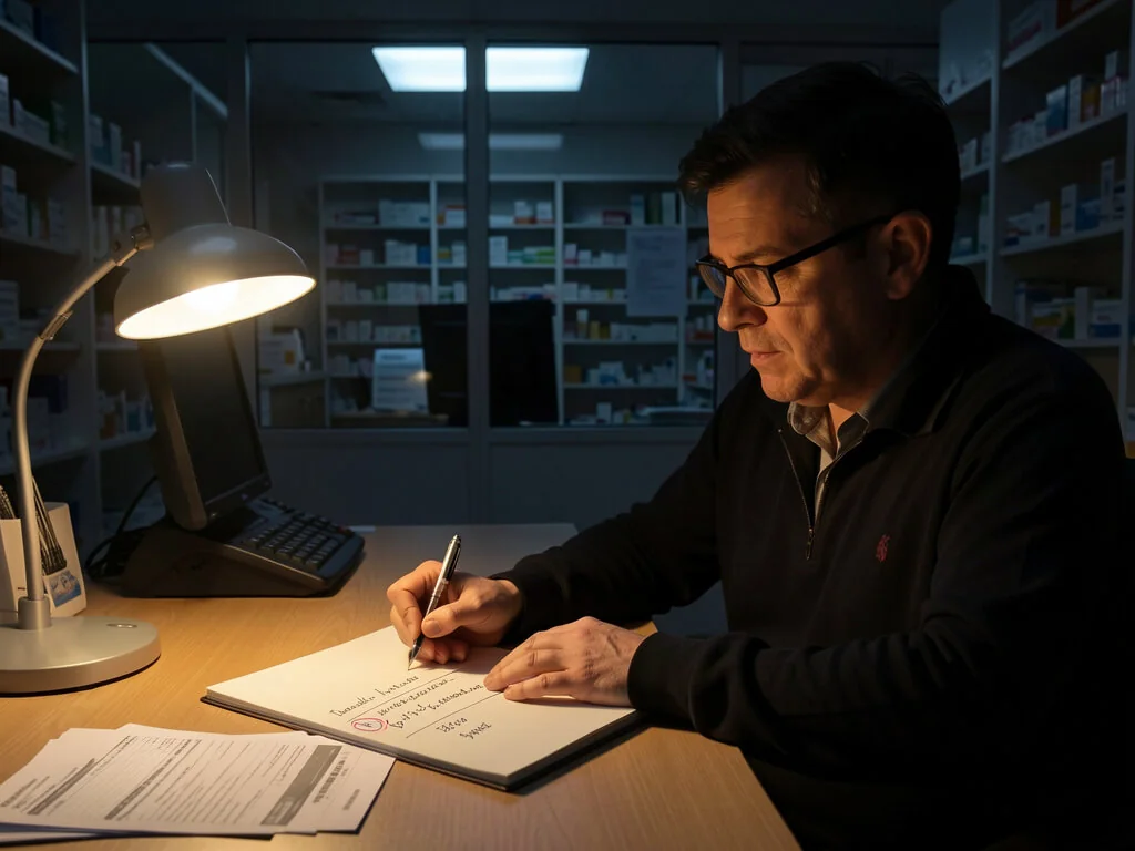 Pharmacy owner reviewing paperwork alone at the dispensary manager's desk at the end of the day