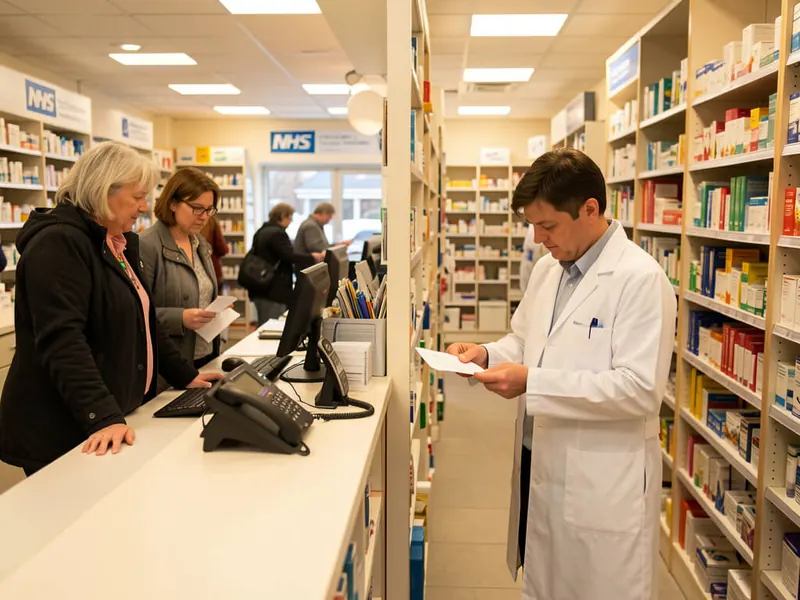 Inside a busy UK community pharmacy with patients at the counter and a pharmacist checking prescriptions