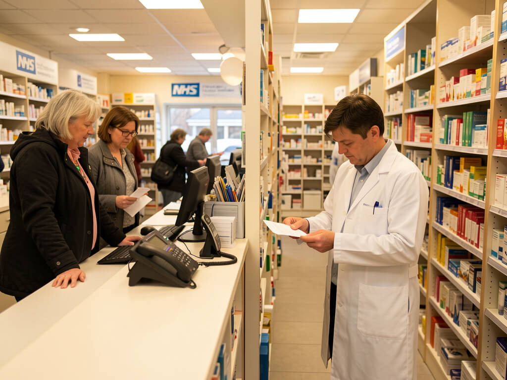 Inside a busy UK community pharmacy with patients at the counter and a pharmacist checking prescriptions