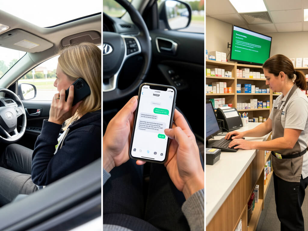 Patient calling the pharmacy from their car while pharmacy staff handle calls at the counter