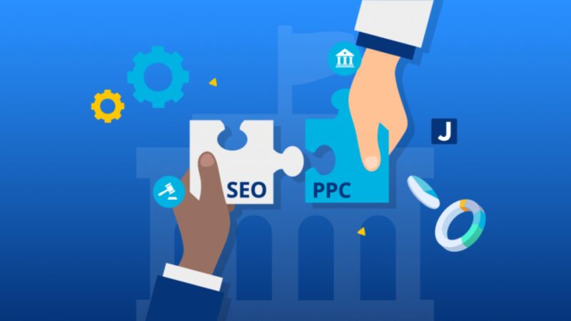 Illustration of two hands connecting SEO and PPC puzzle pieces