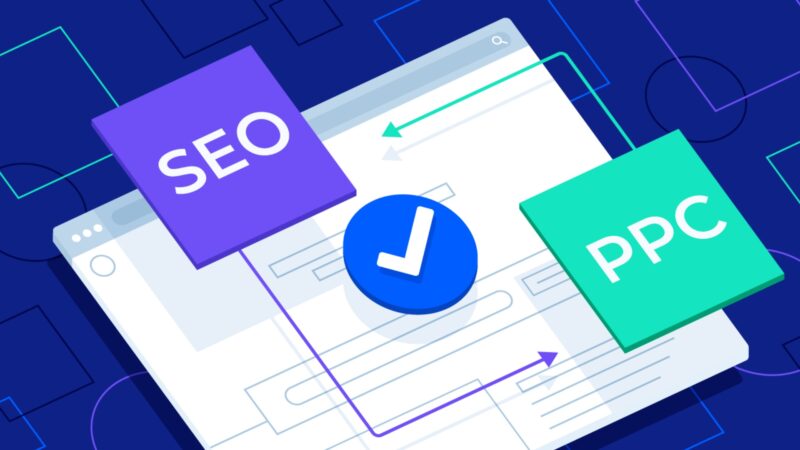 Flat illustration of SEO and PPC blocks connected by a checkmark, representing a validated combined strategy