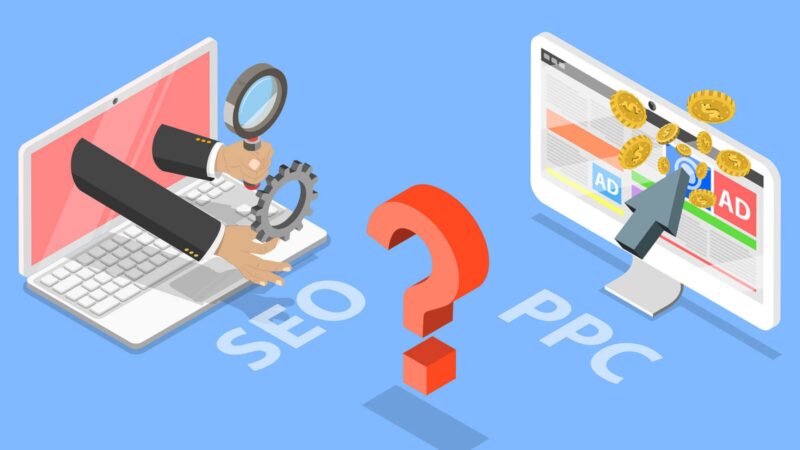 Illustration of a laptop representing SEO and a screen with pay-per-click ads representing PPC, separated by a large question mark