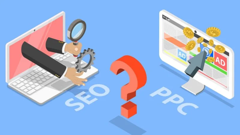 Illustration of a laptop representing SEO and a screen with pay-per-click ads representing PPC, separated by a large question mark