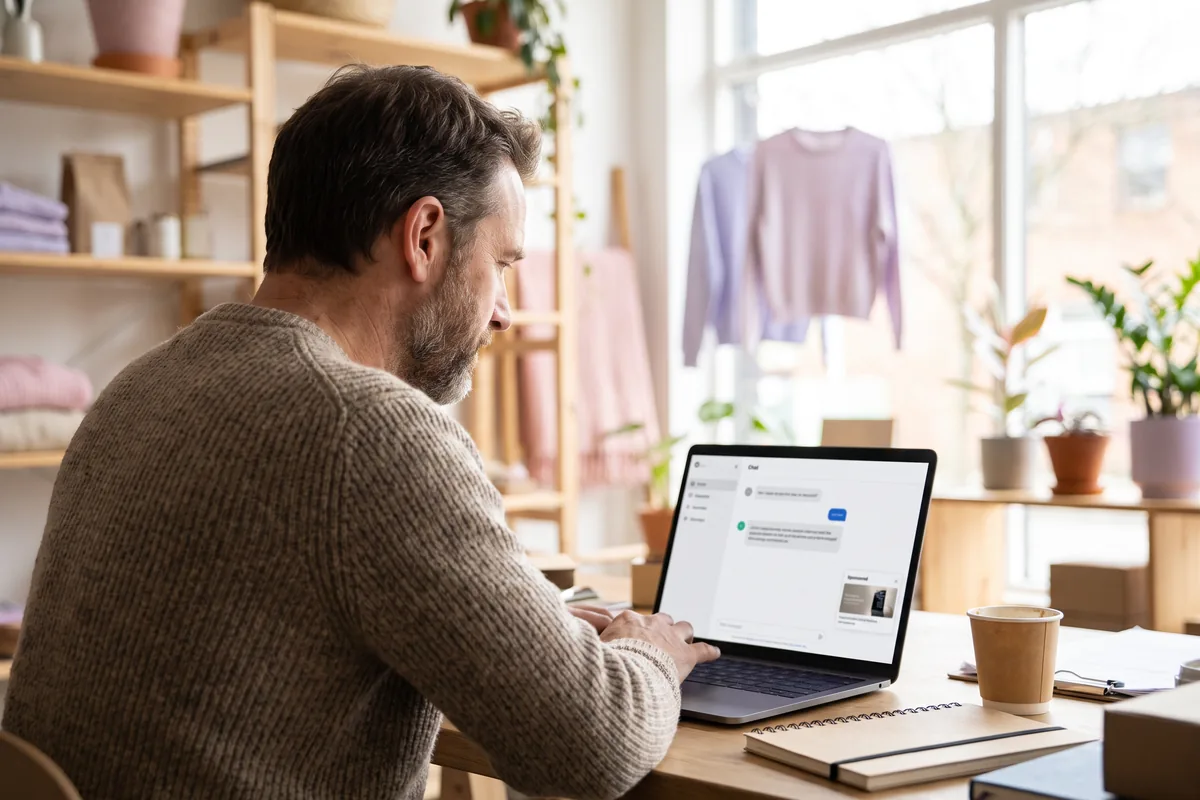 A small business owner at his desk looking at an AI chat answer on his laptop, with a sponsored ad shown underneath