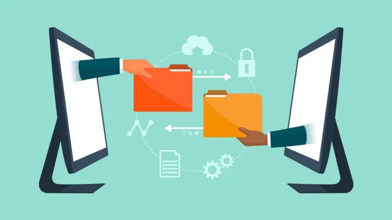 Illustration of two computer screens exchanging folders of data back and forth