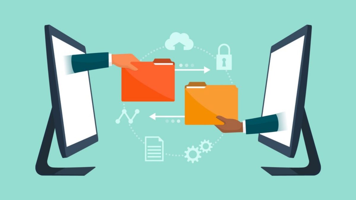 Illustration of two computer screens exchanging folders of data back and forth