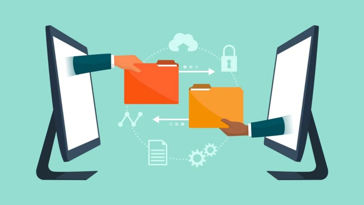 Illustration of two computer screens exchanging folders of data back and forth