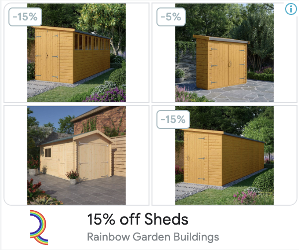 A Google Shopping display ad showing four shed products with seasonal percentage-off discounts