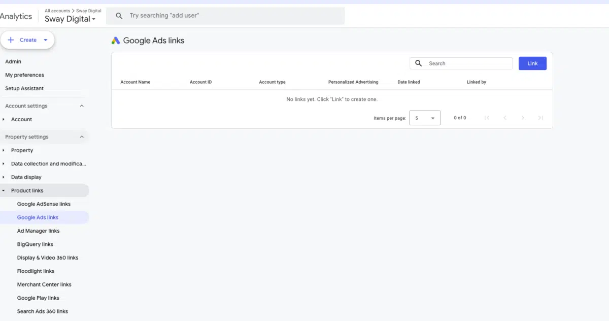 Google Analytics 4 "Google Ads links" screen showing GA4 connected to a Google Ads account
