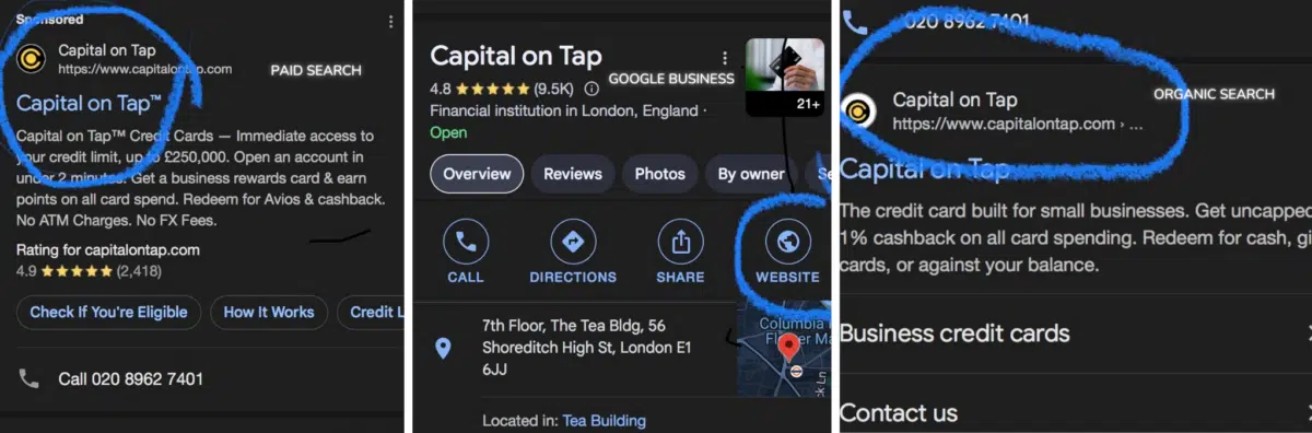 Three phone screenshots showing the same brand appearing in a paid search ad, a Google Business listing, and an organic search result