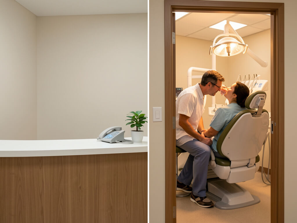 A natural moment inside a UK dental practice between a dentist and patient