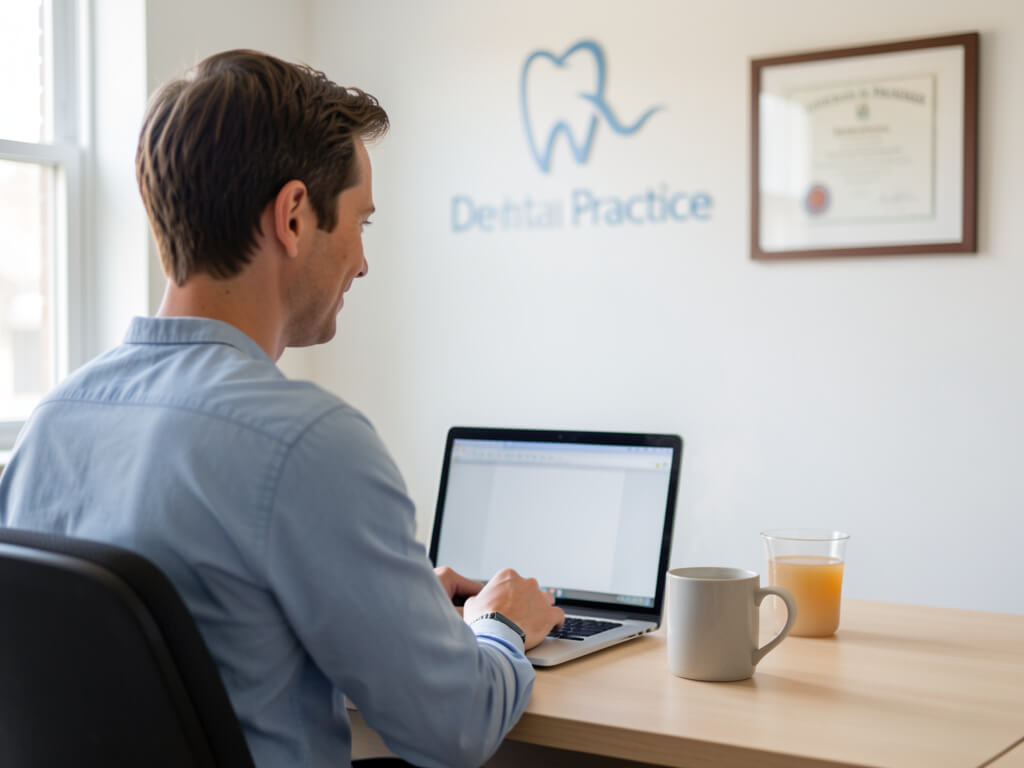 Dental practice owner reviewing the numbers at their desk between patients