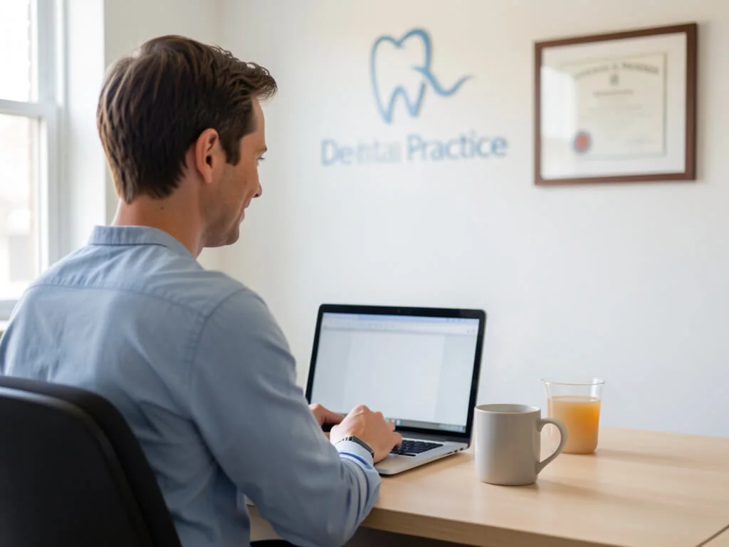 Dental practice owner reviewing the numbers at their desk between patients