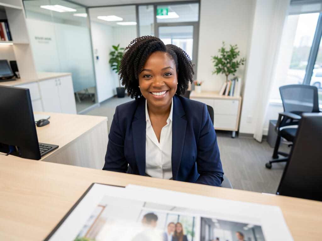 Professional receptionist at a healthcare office desk