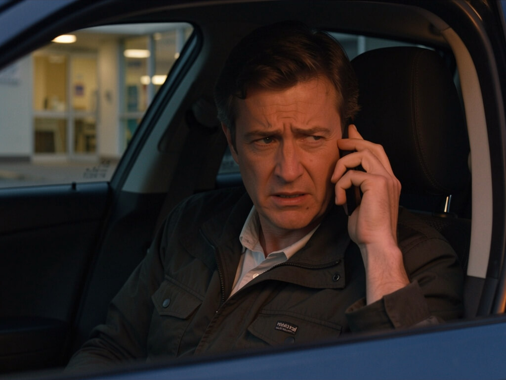 Frustrated dental patient sitting in their car after a missed appointment call