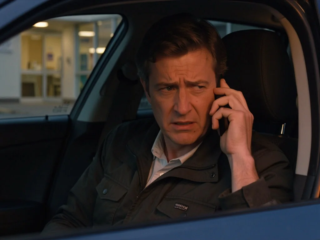 Frustrated dental patient sitting in their car after a missed appointment call
