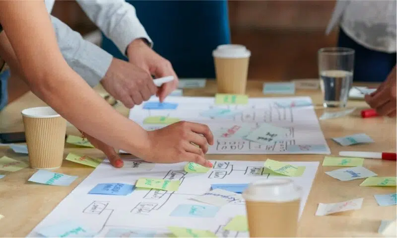 Two people annotating a printed mind map with coloured sticky notes on a table, with takeaway coffee cups nearby