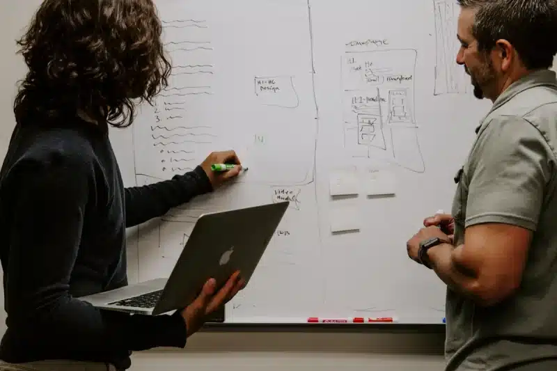 Two people sketching out a marketing strategy on a whiteboard