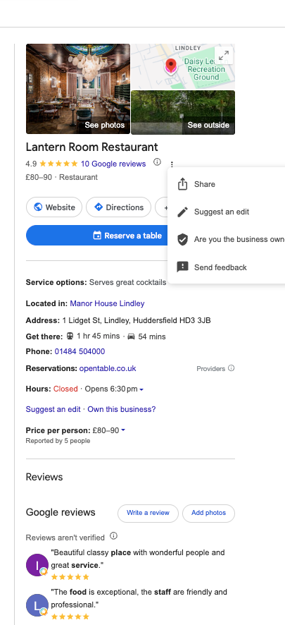 A Google Business Profile listing for a local restaurant, showing photos, rating, address, hours and reviews