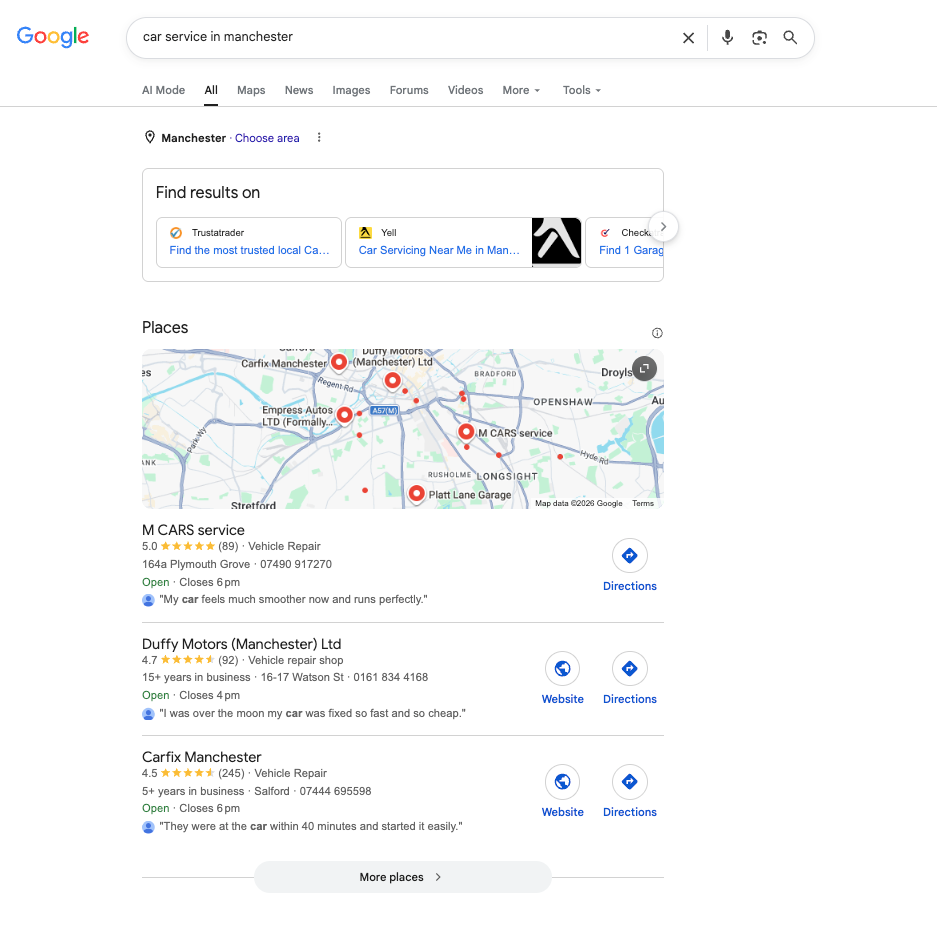 Google search results for "car service in manchester", showing the local map pack and nearby garages
