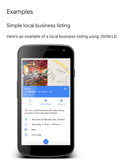 Google's own example of a local business listing marked up with LocalBusiness JSON-LD schema