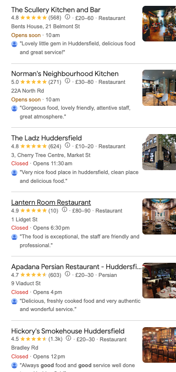 Local pack listings for restaurants in Huddersfield, each showing consistent name, address and phone details