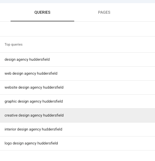 Google Search Console's Queries report filtered to show location-specific search terms like "design agency huddersfield"