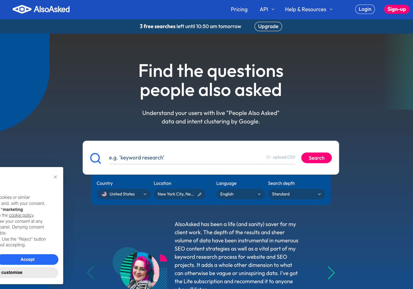 AlsoAsked, a tool for pulling live "People Also Asked" data and clustering it by search intent