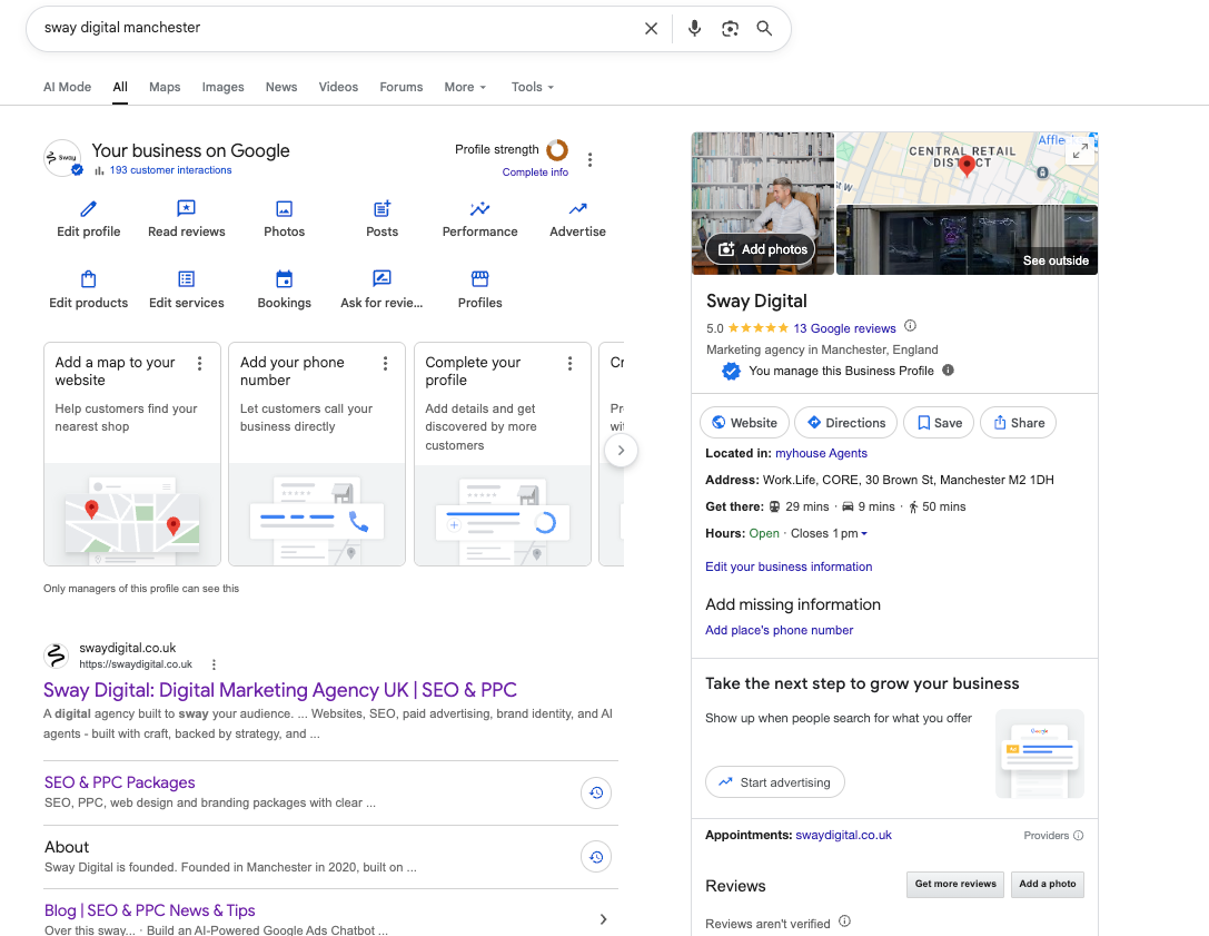 Sway Digital's own Google Business Profile dashboard and search result, showing reviews, photos and profile management options