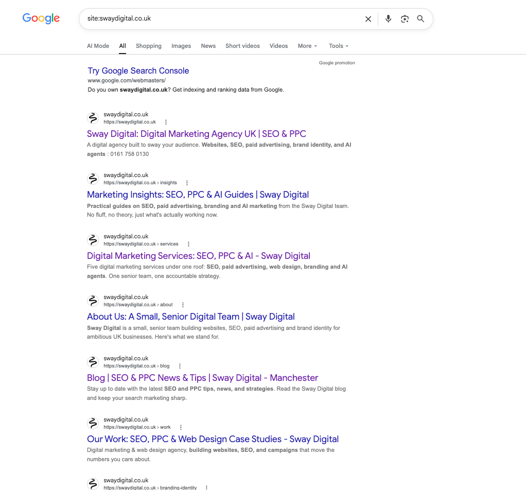 Google search results for site:swaydigital.co.uk, showing which pages of the Sway Digital site are indexed